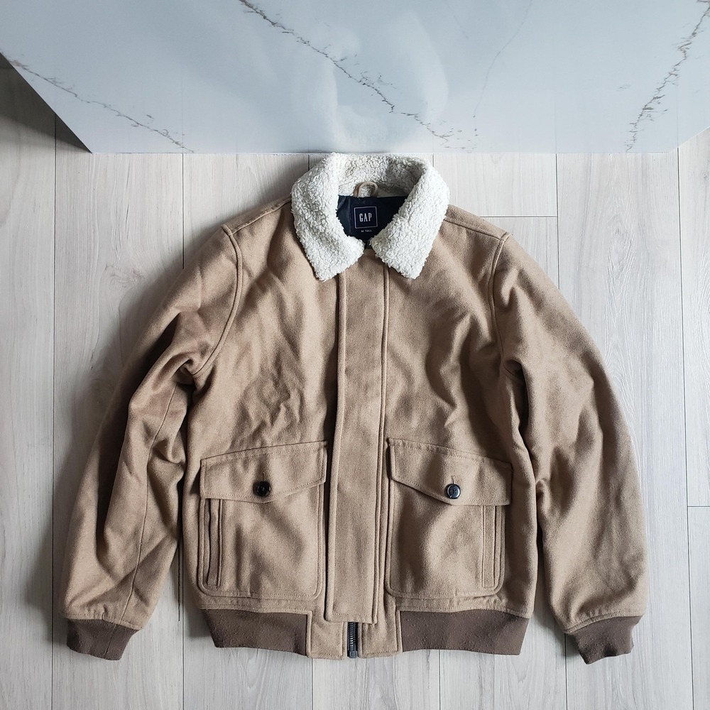 Gap Jacket Mens MT Brown Wool Aviator Bomber Sherpa Collar Quilted Lined Winter